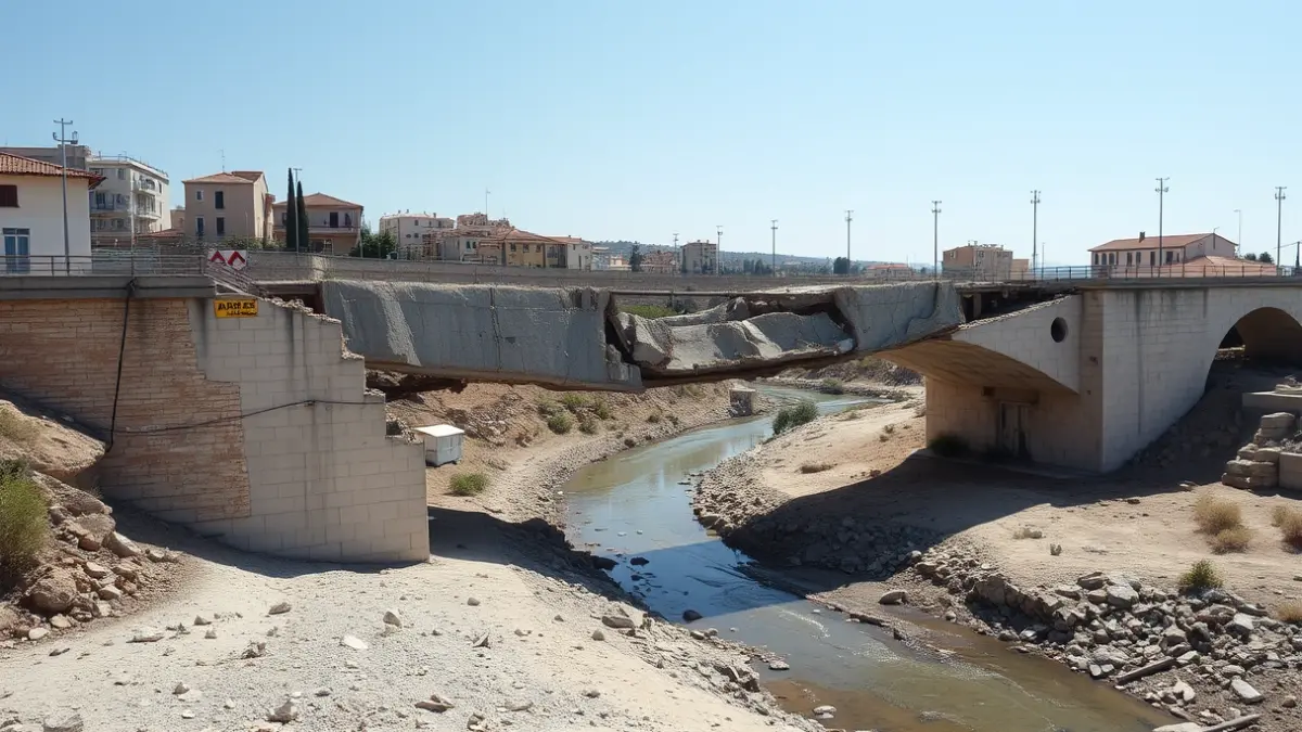 Pont ensorrat sobre un barranc amb senyalització d'emergència a la Ràpita.