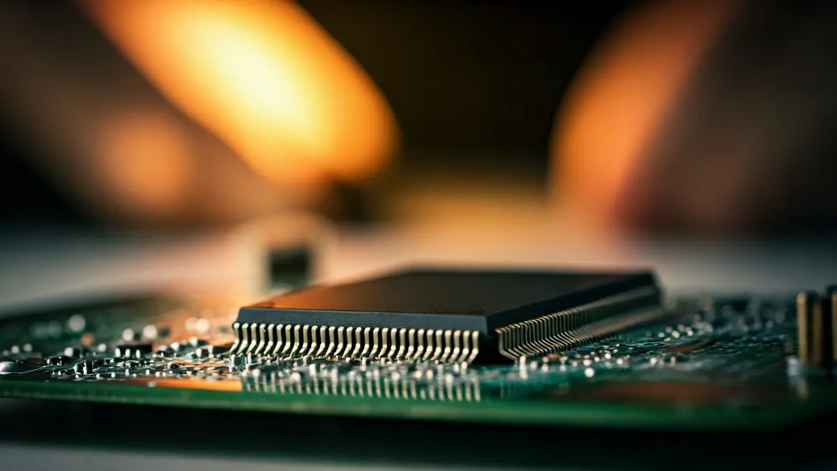 Imatge genèrica d'un microxip en una placa de circuit, amb instruments de precisió al fons.