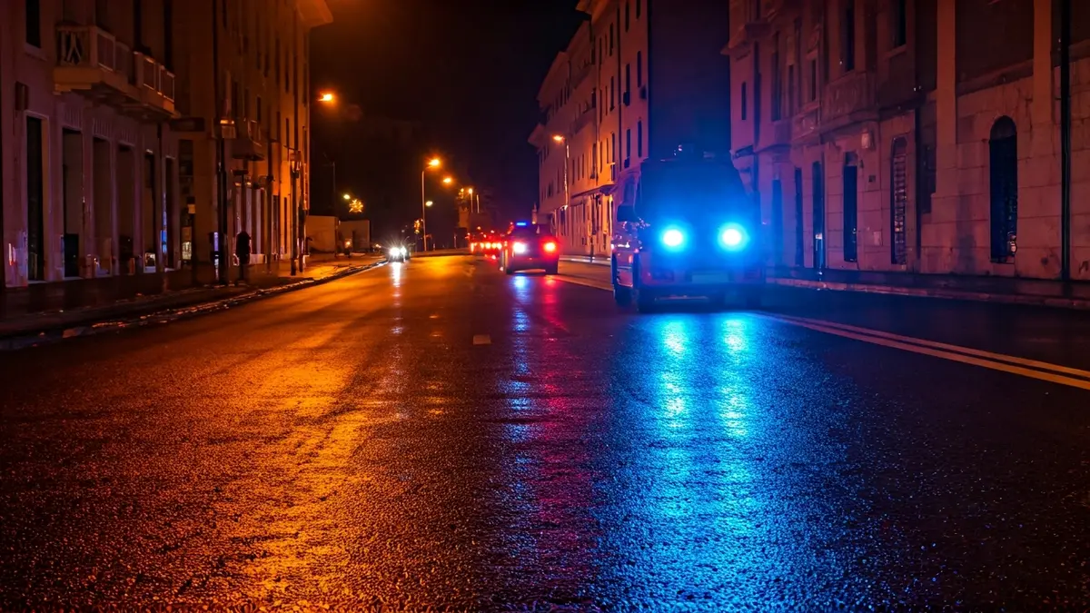 Generic image of emergency lights reflecting on wet asphalt at night.