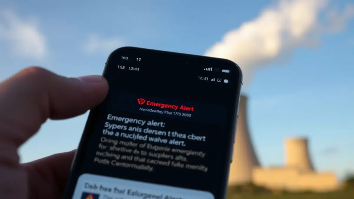 Image of a mobile phone displaying an emergency alert with a nuclear power plant in the background.