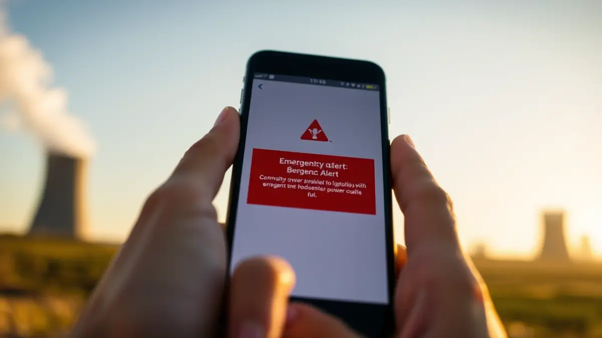 Imagen de un teléfono móvil con una alerta de emergencia en la pantalla, con una central nuclear al fondo.