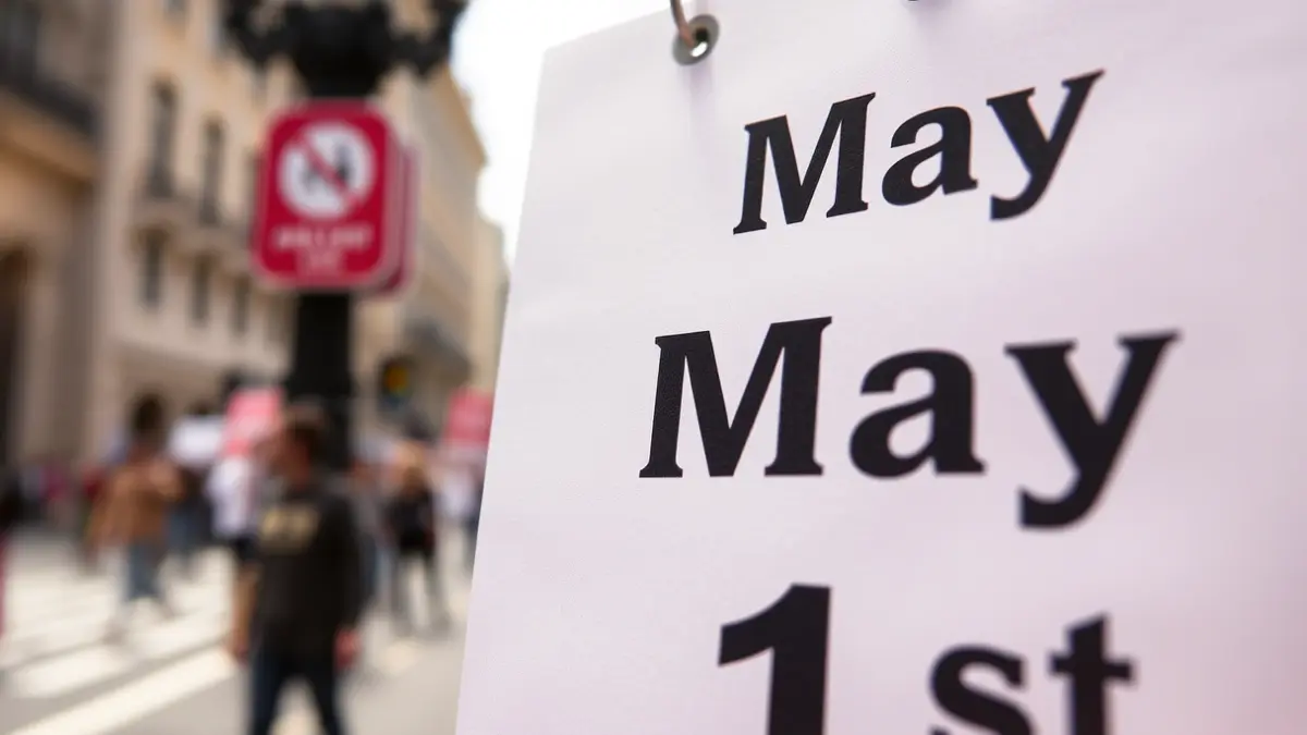 Generic image of a calendar showing May 1st, with a blurred urban background.