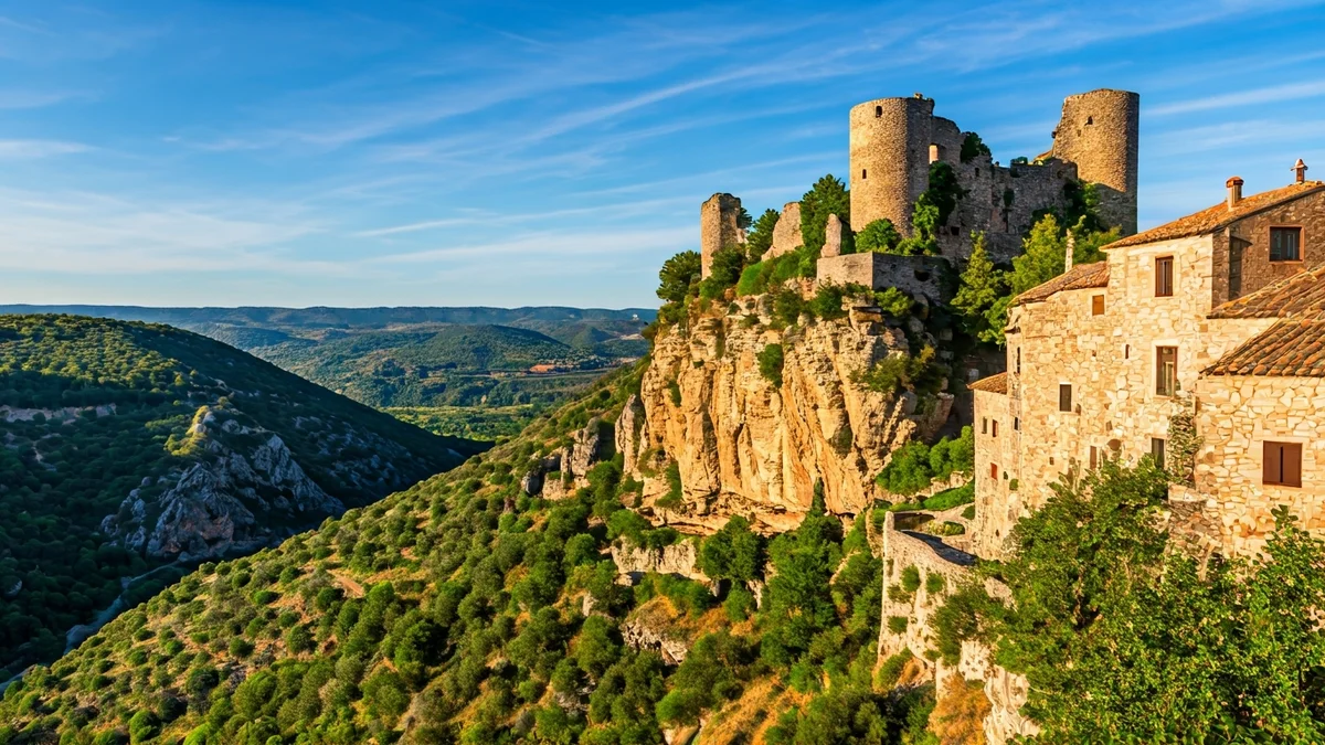Vista aèria del poble de Siurana amb el seu castell i el paisatge del Priorat