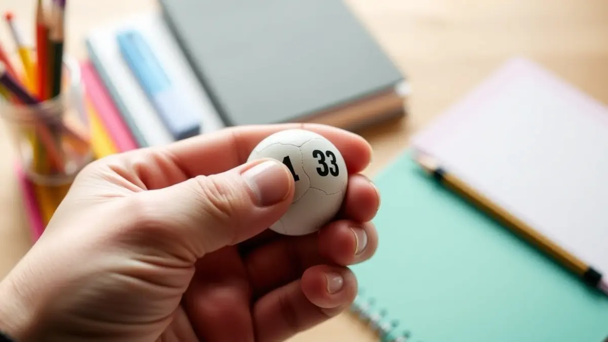 Generic image of a hand holding a numbered ball, with blurred school supplies in the background.