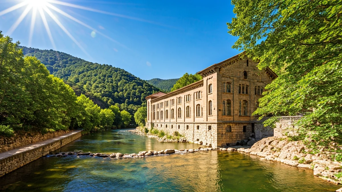 Imagen genérica de una central hidroeléctrica histórica en un paisaje montañoso catalán.