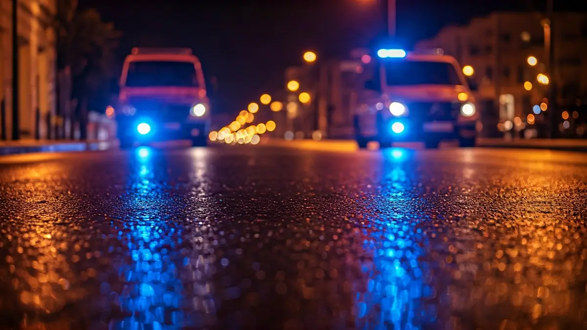 Generic image of emergency lights reflecting on wet asphalt.