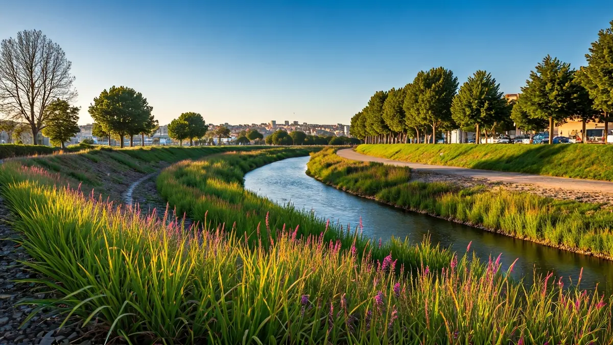 Image of a restored natural space by a river, with native vegetation and a city in the background.