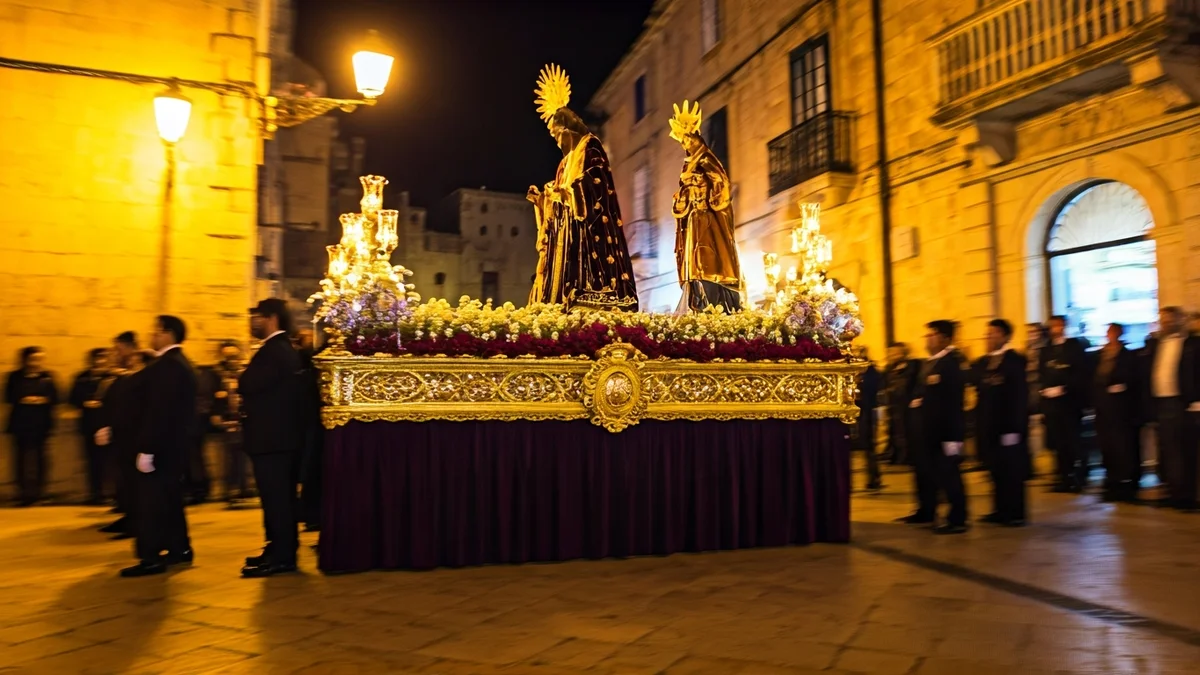 Generic image of a nocturnal religious procession in an ancient Mediterranean city, with blurred figures and warm lighting.