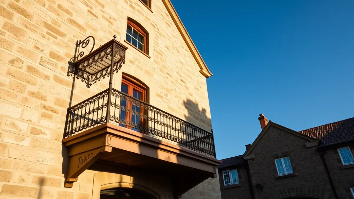Stone town hall facade with ornate balcony under sunlight.