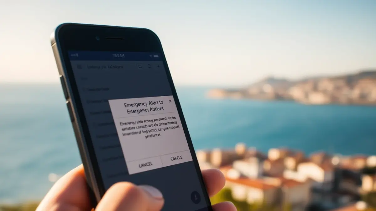 Imatge d'un telèfon mòbil amb una alerta d'emergència, amb un fons difuminat d'una zona costanera de Tarragona.