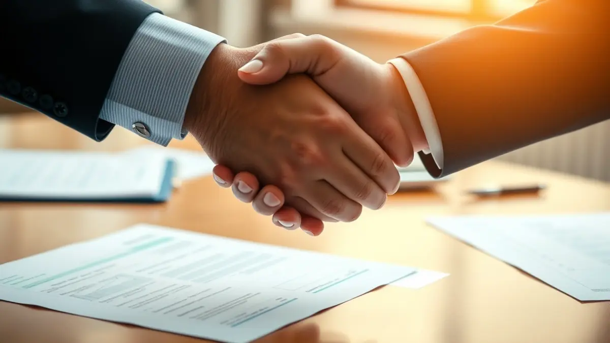 Generic image of two hands shaking over a desk, symbolizing business management.