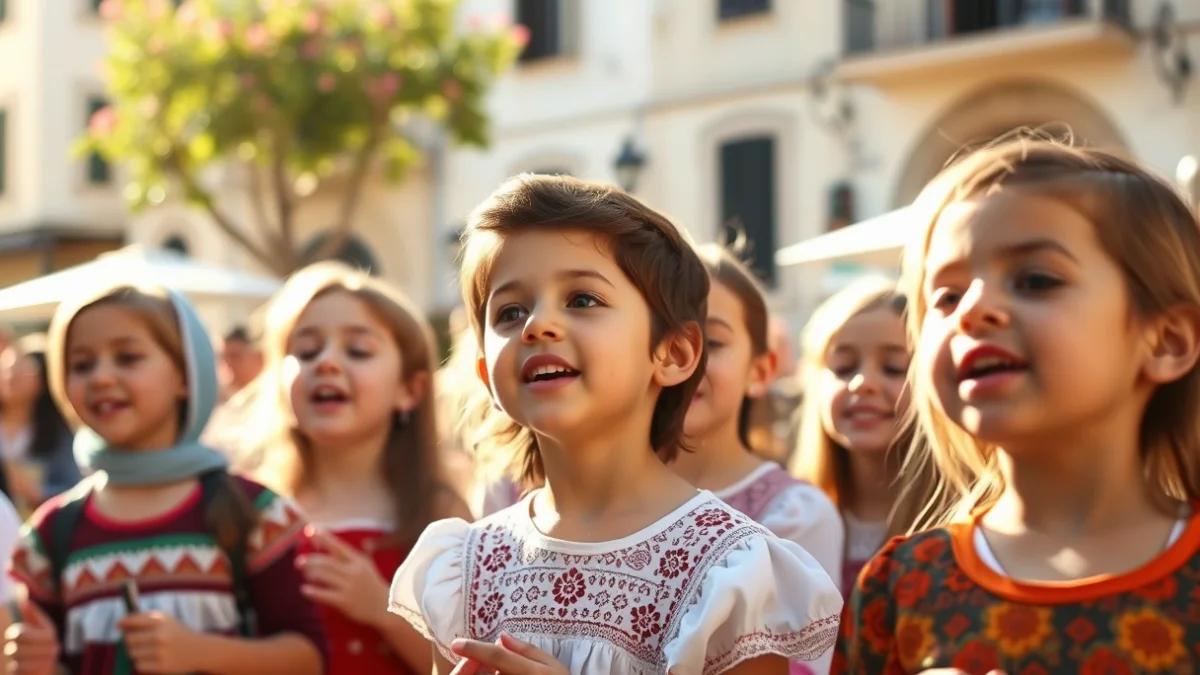 Imagen genérica de un grupo de niños cantando canciones tradicionales en una plaza mediterránea.