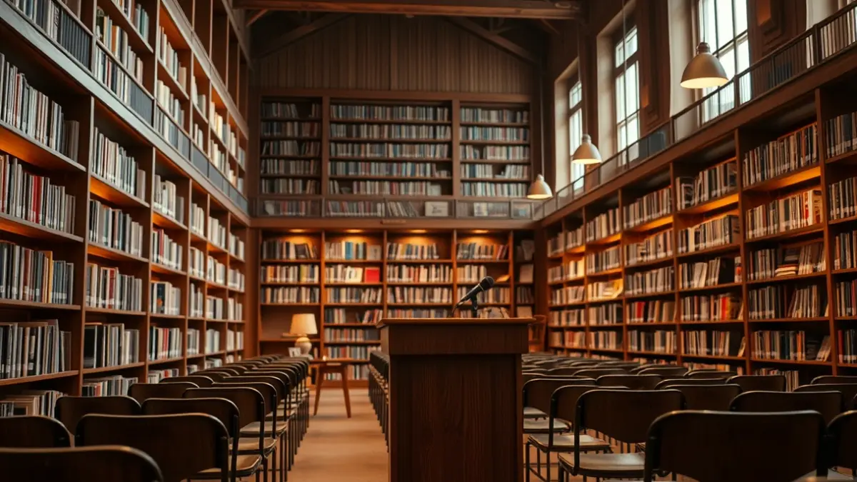 Imatge genèrica d'un ambient de lectura o presentació de llibres, amb prestatgeries i un faristol.