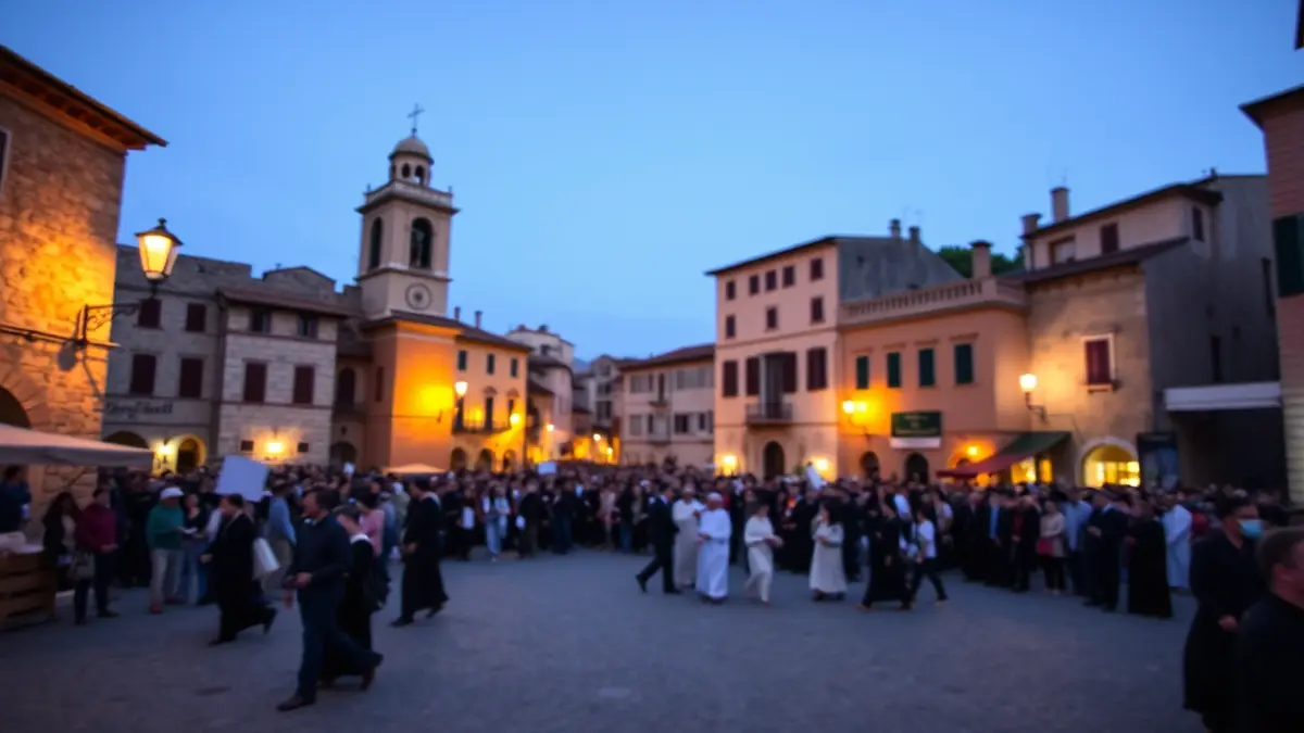 Imatge genèrica d'una plaça mediterrània durant una celebració religiosa al capvespre.
