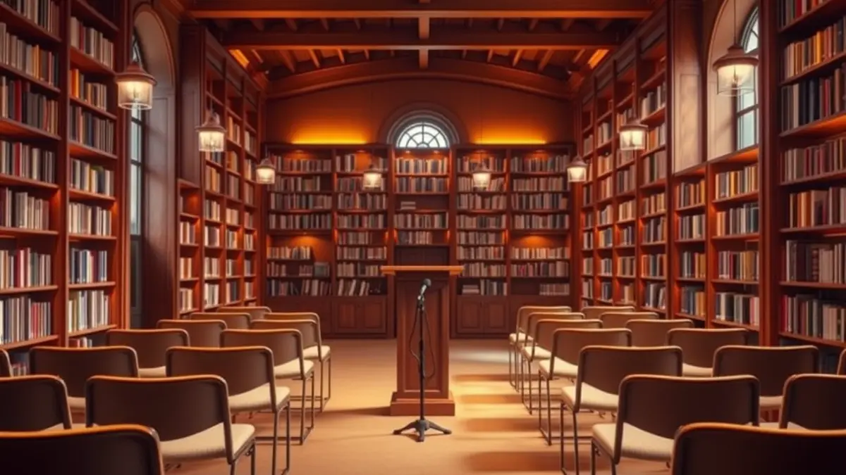 Generic image of a literary presentation hall with a lectern and empty chairs.