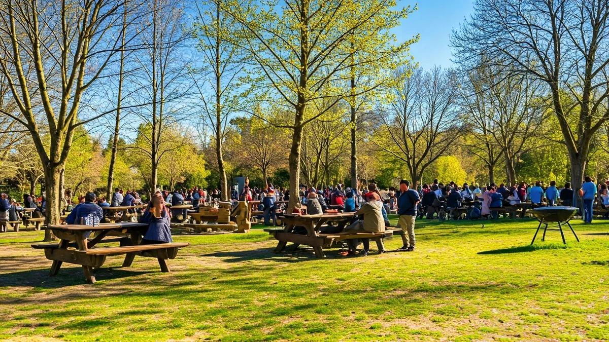 Imagen genérica de una familia celebrando la Mona de Pascua al aire libre en un parque con mesas de picnic.