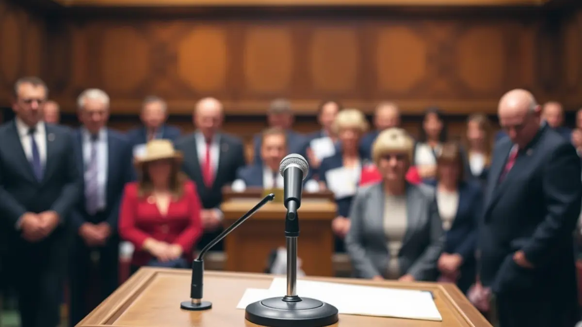 Generic image of a microphone on a parliamentary podium, symbolizing a political debate.