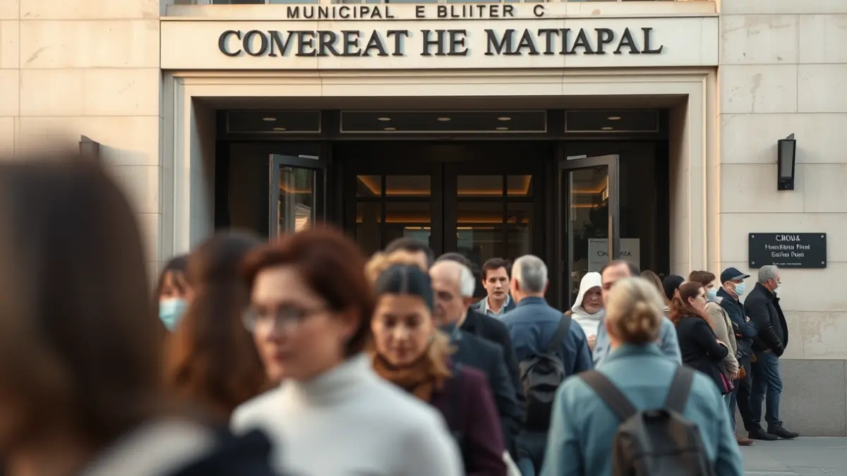 Imatge de llargues cues de persones esperant davant d'un edifici municipal.