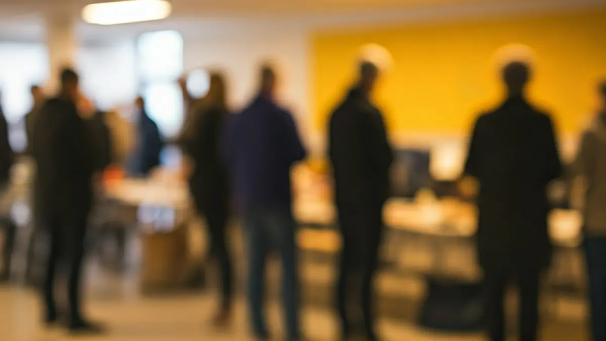 Generic image of a food or clothing distribution center, with people in the background.
