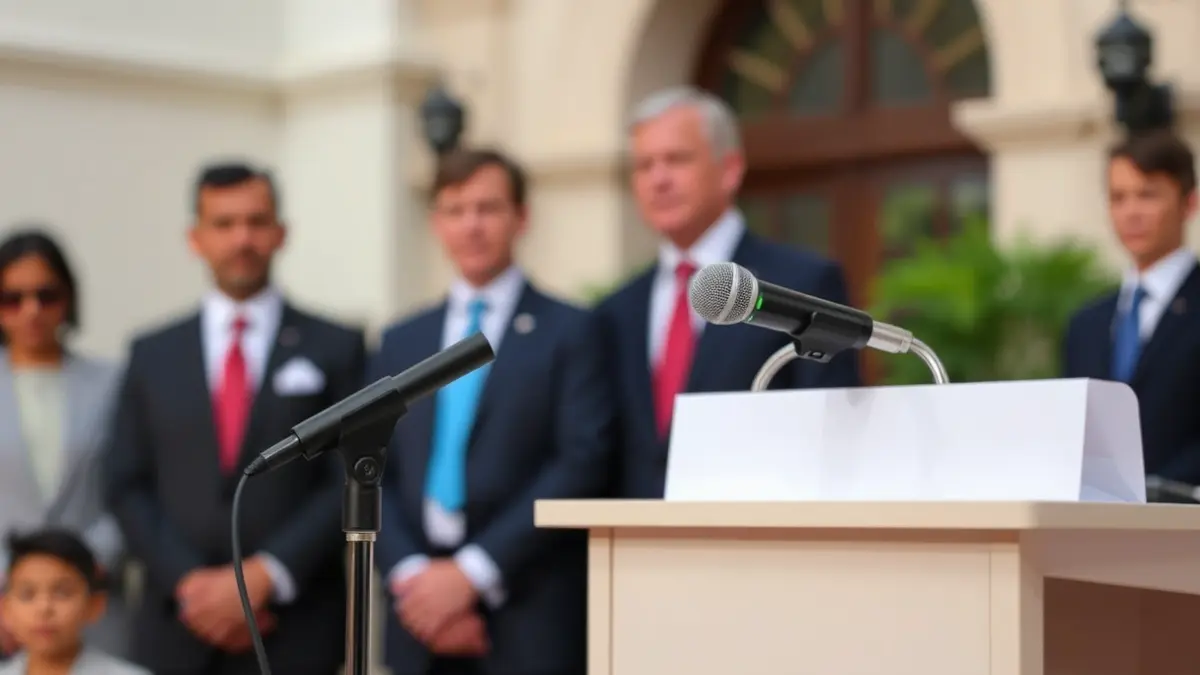 Generic image of a microphone on a podium, symbolizing a political debate or press conference.