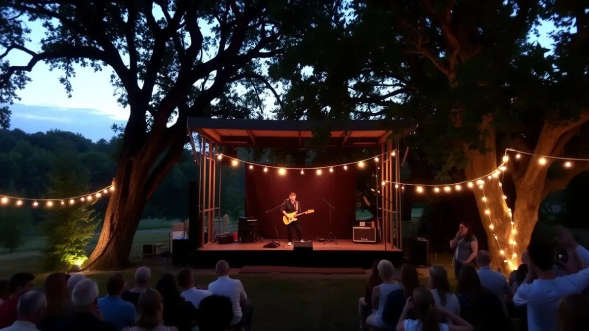 Generic image of an outdoor stage with soft lighting, surrounded by nature, suggesting an intimate concert.