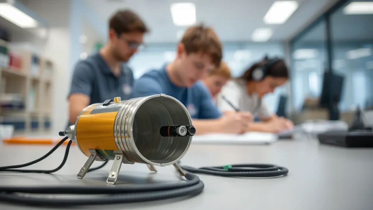 Imatge d'un petit satèl·lit CanSat amb sensors en un laboratori.