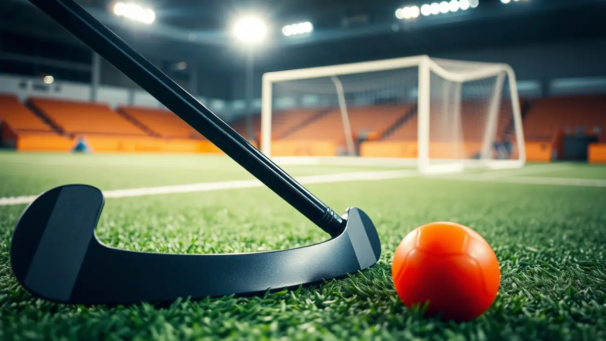 Generic image of a field hockey pitch with a ball and a stick.