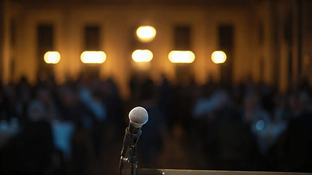 Imatge genèrica d'un micròfon en un faristol, amb figures borroses al fons, suggerint una xerrada o presentació pública.