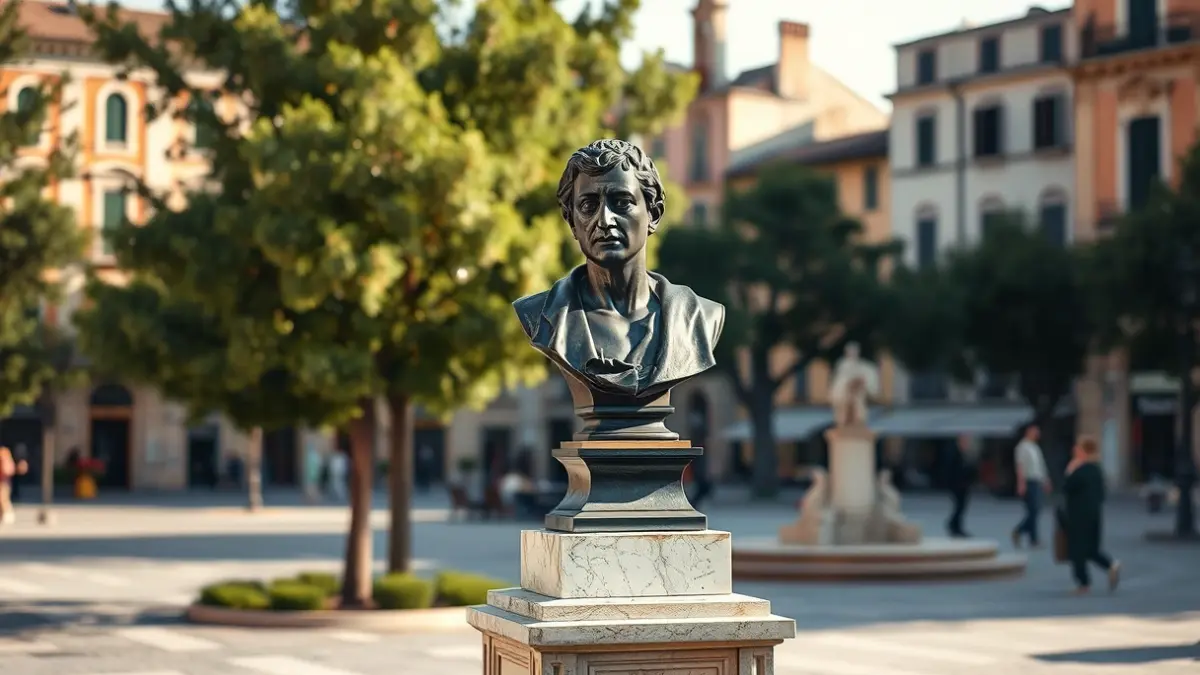 Busto de bronce en una plaza de Terrassa, con edificios históricos al fondo.
