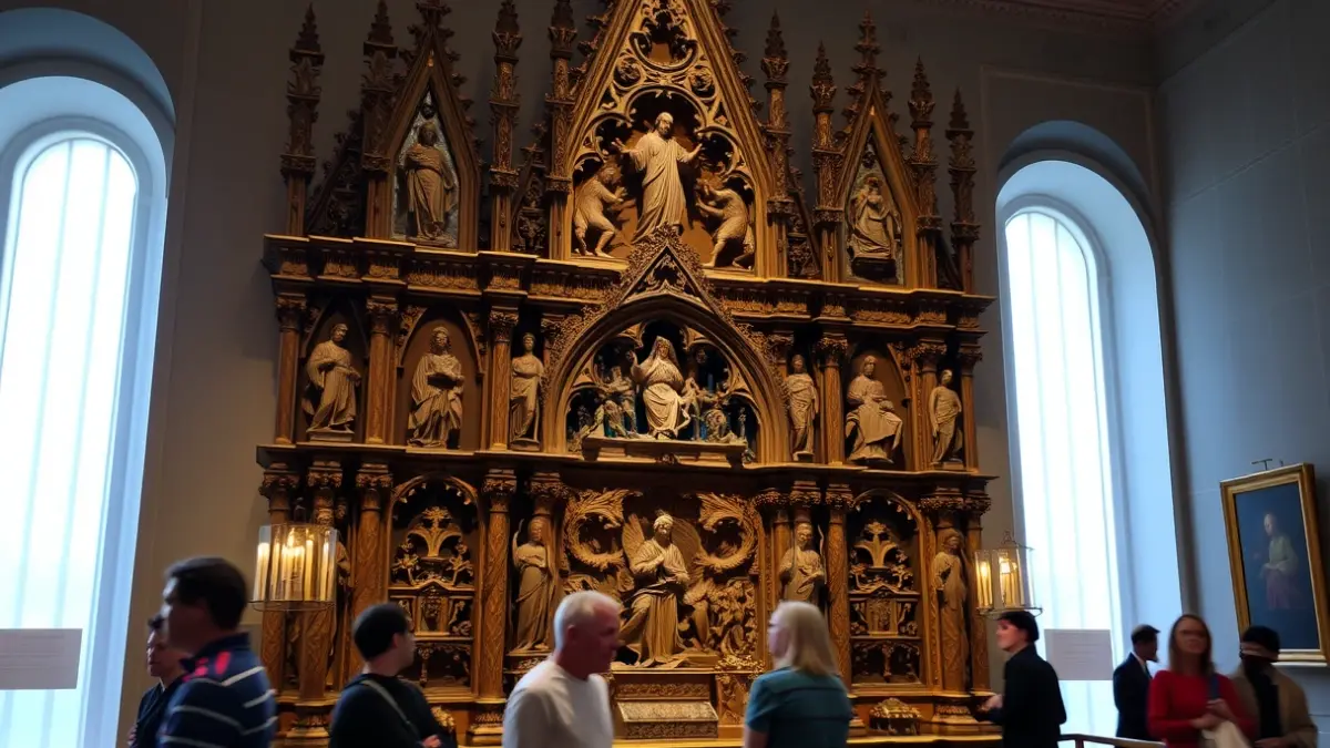 Gothic altarpiece of Santa Maria de Toudell, with religious figures and intricate carvings, illuminated in a museum setting.