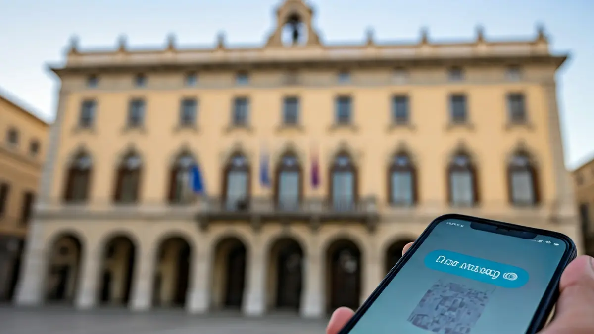 Generic image of a mobile phone with a notification and a city hall in the background.