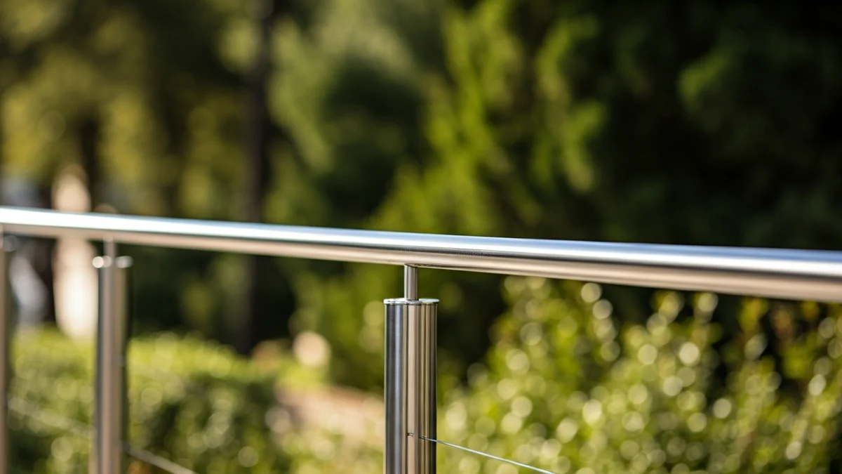 Imagen genérica de una barandilla metálica moderna con barrotes de acero inoxidable en un entorno urbano.