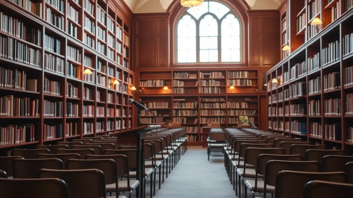 Generic image of a library interior with wooden bookshelves and a podium with microphone, warm lighting.