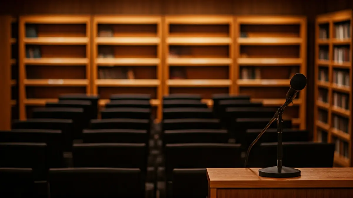 Generic image of an empty stage with a microphone and chairs, lit with warm light, evoking a poetry and music recital.