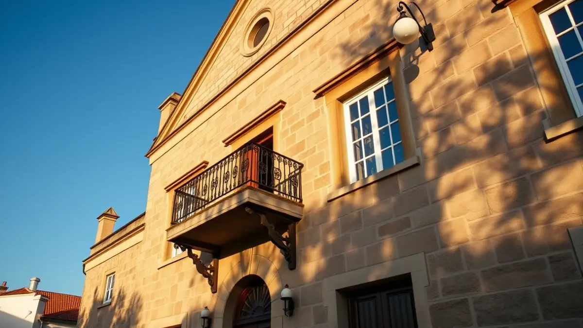 Façana d'un ajuntament de pedra amb balcó i baranes de ferro, il·luminat pel sol de la tarda.