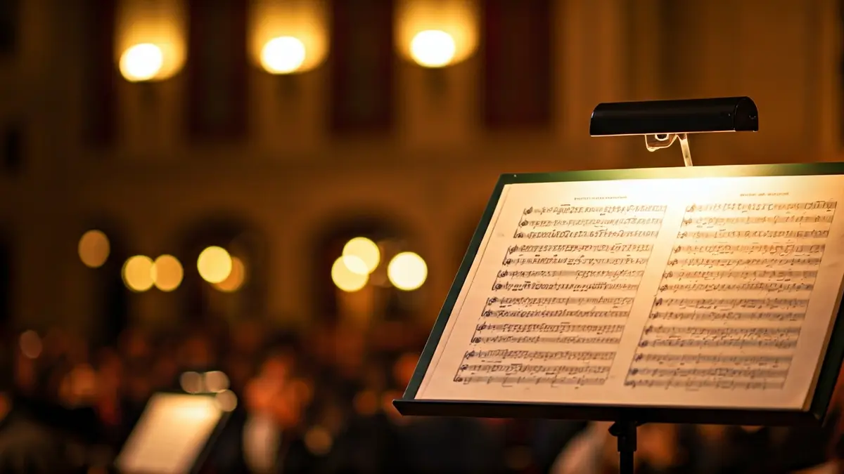 Imagen genérica de una partitura musical en un atril, con instrumentos borrosos al fondo.