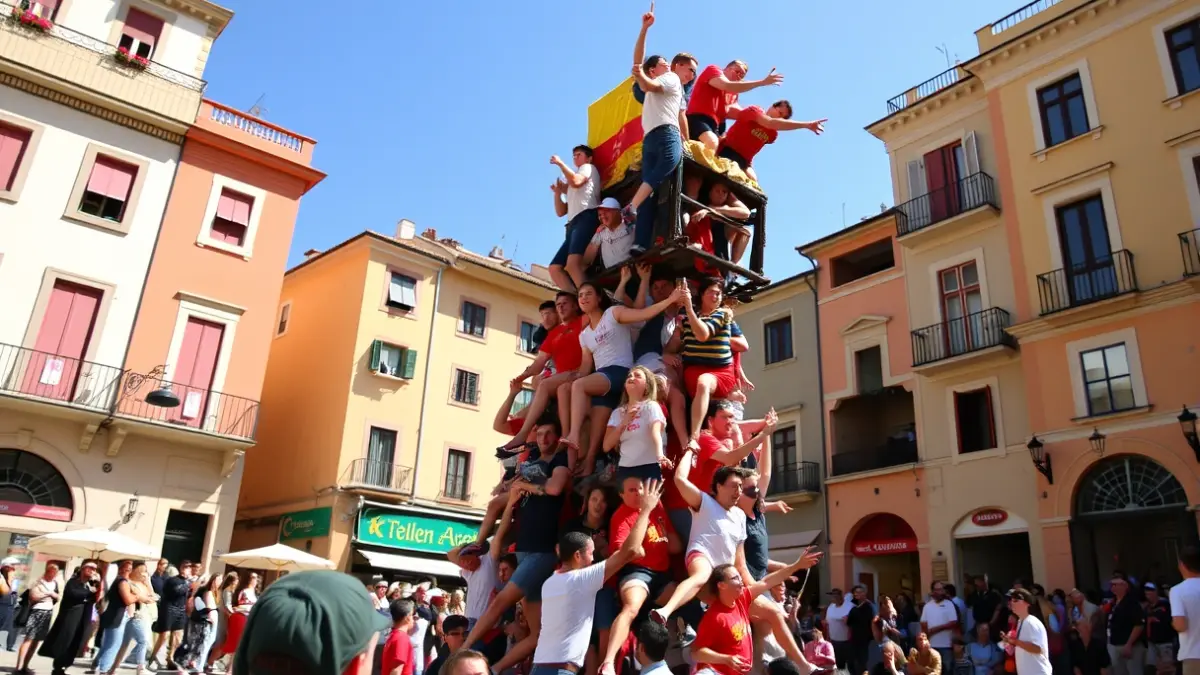 Image of a casteller event with a human tower forming in a sunny square.