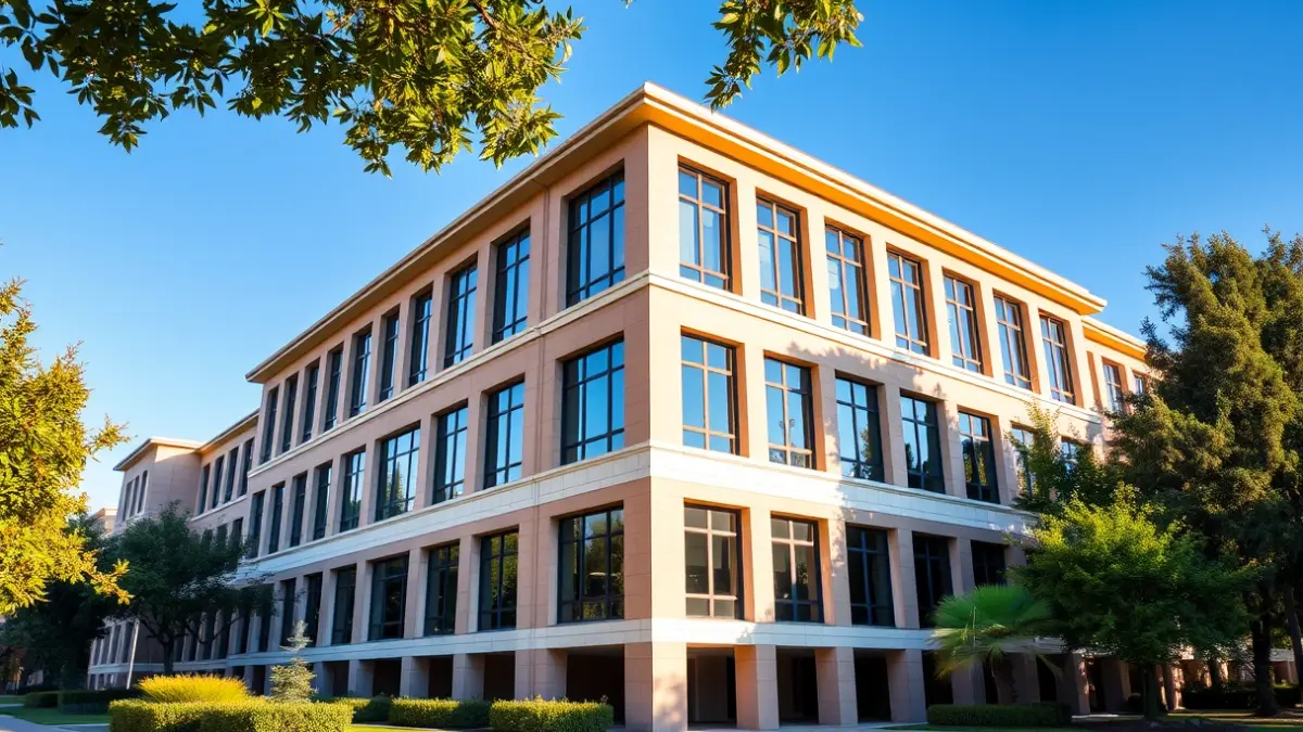 Imagen genérica de un edificio universitario moderno con zonas verdes.