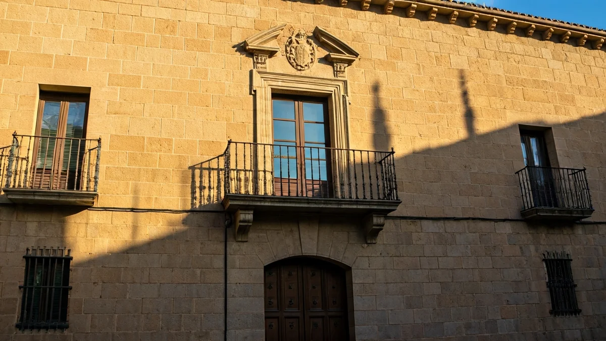 Imatge genèrica de la façana d'un ajuntament català amb balcó i baranes de ferro, sota la llum del sol de la tarda.