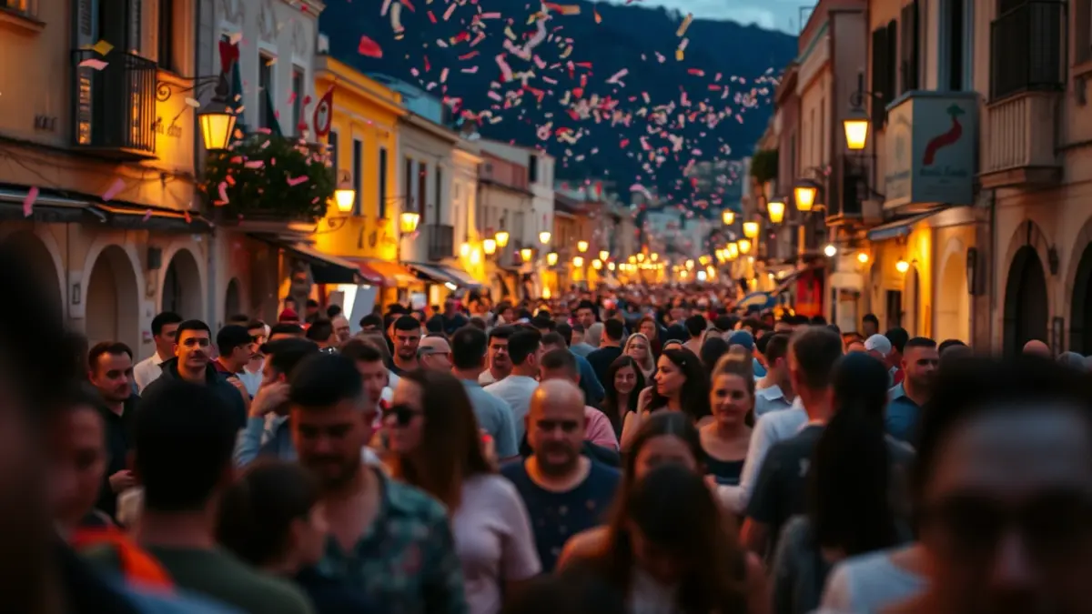 Imagen genérica de una celebración festiva en la calle con gente y confeti.