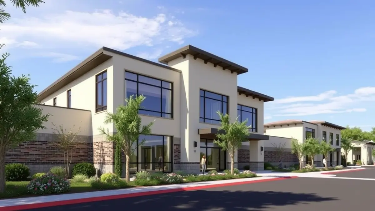 Imagen de un edificio moderno con grandes ventanales y un entorno verde.