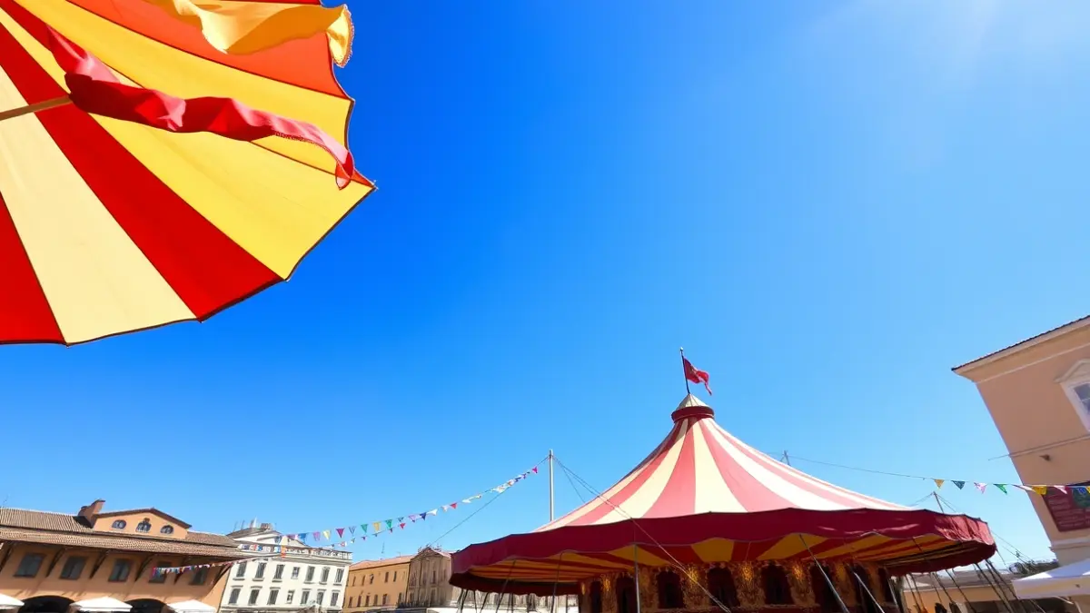 Imatge d'una carpa de circ amb banderes de colors en una plaça mediterrània.
