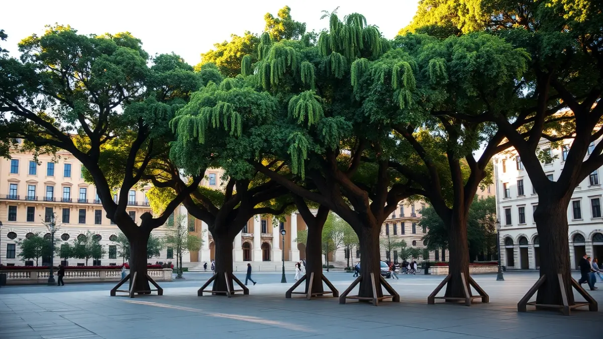 Vuit plàtans centenaris amb estructures de fusta a la plaça de Carles Buïgas, Barcelona.