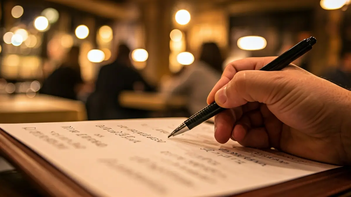 Imagen de una mano escribiendo en un menú de restaurante en catalán, con un ambiente acogedor de fondo.