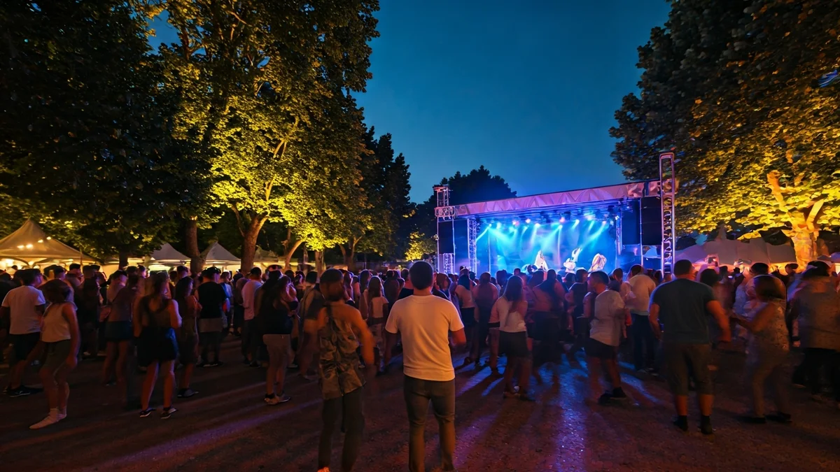 Imatge d'un festival de música electrònica a l'aire lliure al capvespre.
