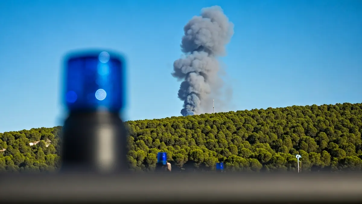 Generic image of a smoke column over a forest with blurred emergency lights.