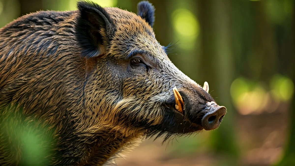 Generic image of a wild boar in a forest, with its snout and tusks in the foreground.