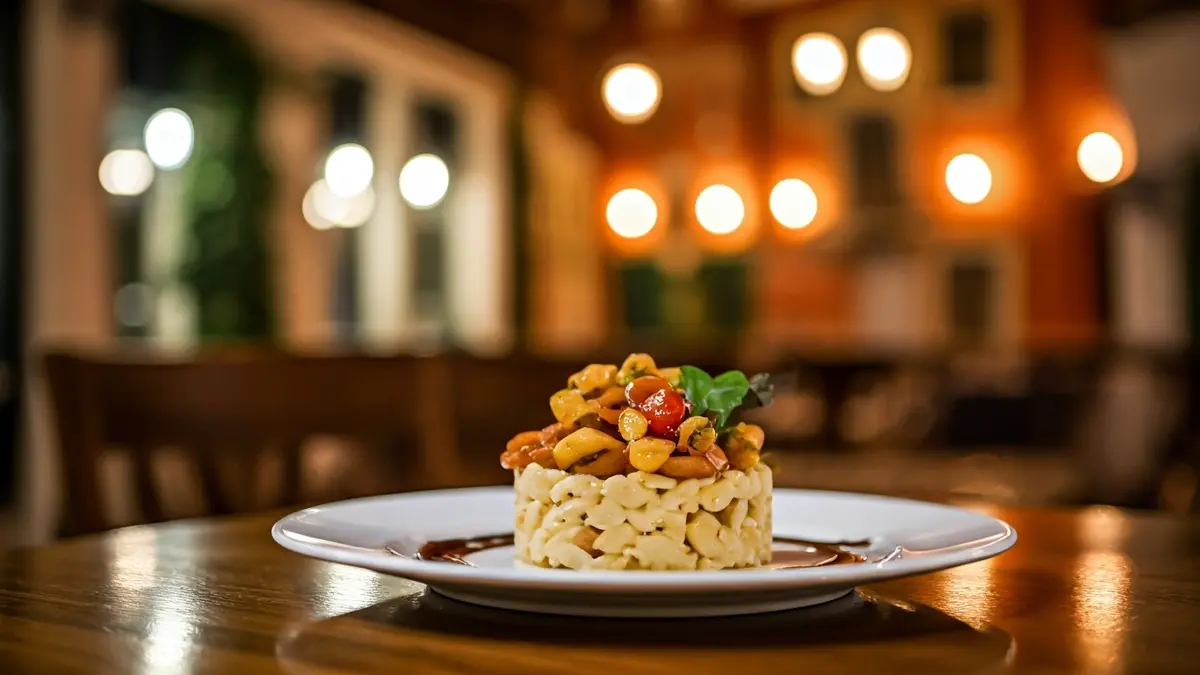 Generic image of a gourmet dish in a restaurant, with a cozy atmosphere and warm lighting.