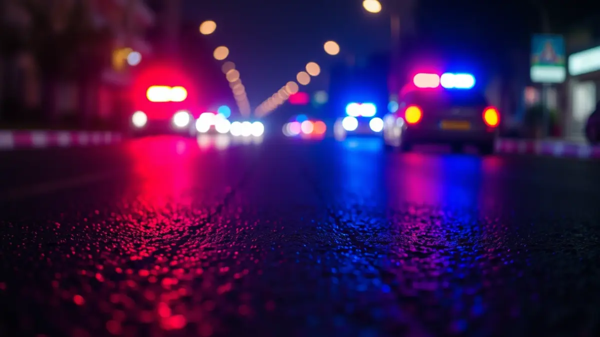 Imagen genérica de luces de emergencia reflejándose sobre el asfalto mojado de noche.