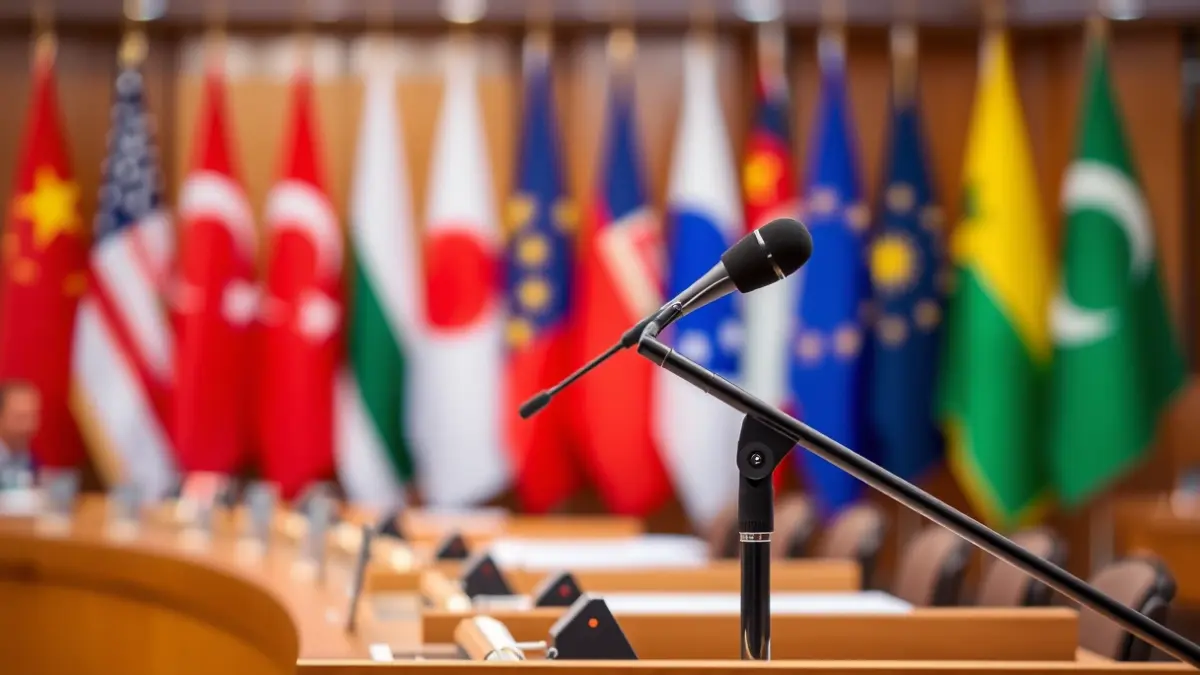 Image of a microphone on a podium, symbolizing an international political summit.